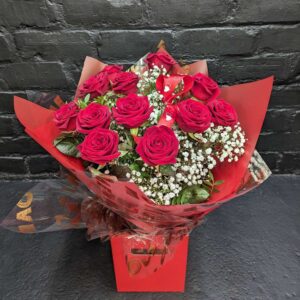 12 red roses hand-tied bouquet with Gypsophila in red wrap and gift box – Anastasia Florists Aberdeen