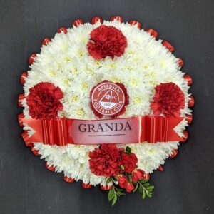 Aberdeen Football Club funeral posy with red and white flowers
