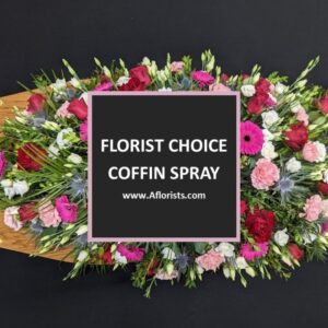 Florist Choice coffin spray with mixed pink and red flowers and central text overlay