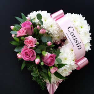 Pink rose and white chrysanthemum funeral flower heart tribute