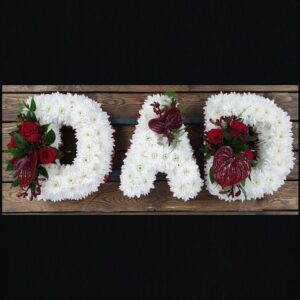 DAD funeral letter tribute with white chrysanthemums, red roses and red anthuriums