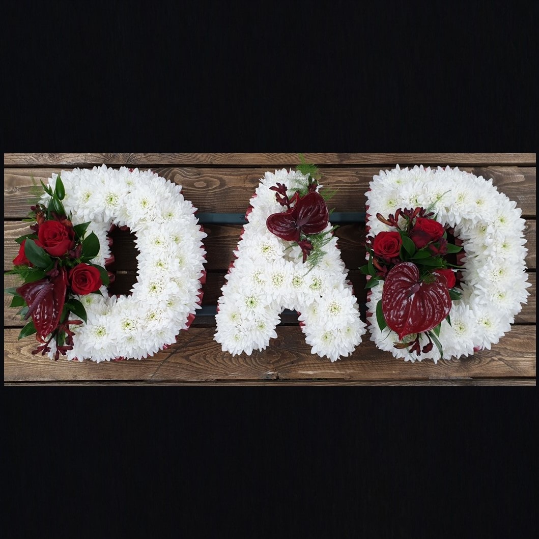 DAD funeral letter tribute with white chrysanthemums, red roses and red anthuriums