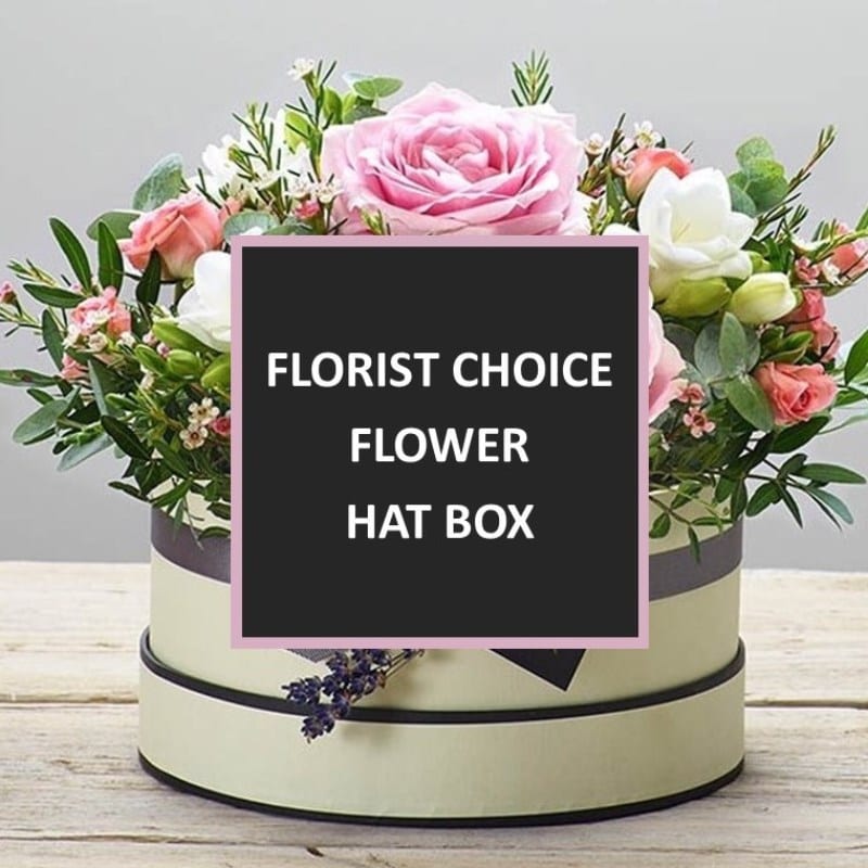 Florist choice flower hat box with pink and white blooms – Anastasia Florists Aberdeen
