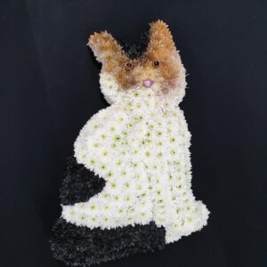 Floral tribute shaped like a cat, with white and brown flowers