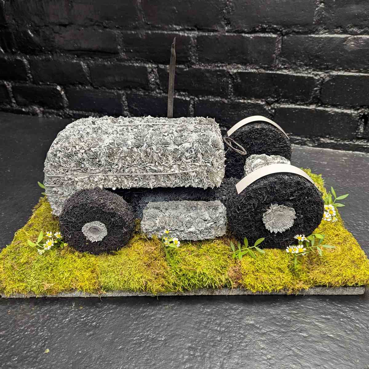 Grey Fergie tractor floral tribute for funerals – arrangement detail