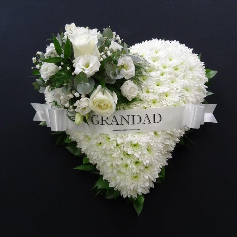 White grandad heart funeral tribute with roses and chrysanthemums on a black background by Anastasia Florists Aberdeen