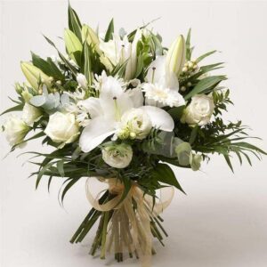 Lilly Exquisite white flower bouquet with lilies, roses and greenery hand-tied with ribbon – Anastasia Florists Aberdeen