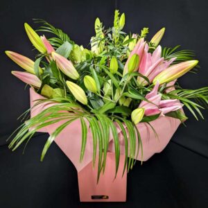 Lilly Valley Flower Bouquet with pink lilies and greenery in a pink gift box – Anastasia Florists Aberdeen