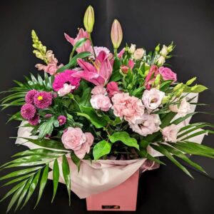 Medley Flower Bouquet in pink gift box with pink lilies, roses, gerberas and mixed blooms made in Aberdeen, Scotland – Anastasia Florists
