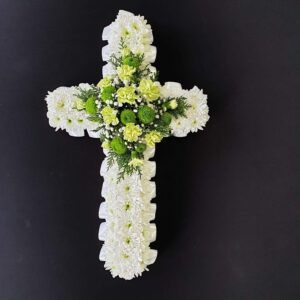 White chrysanthemum and greenery funeral cross tribute
