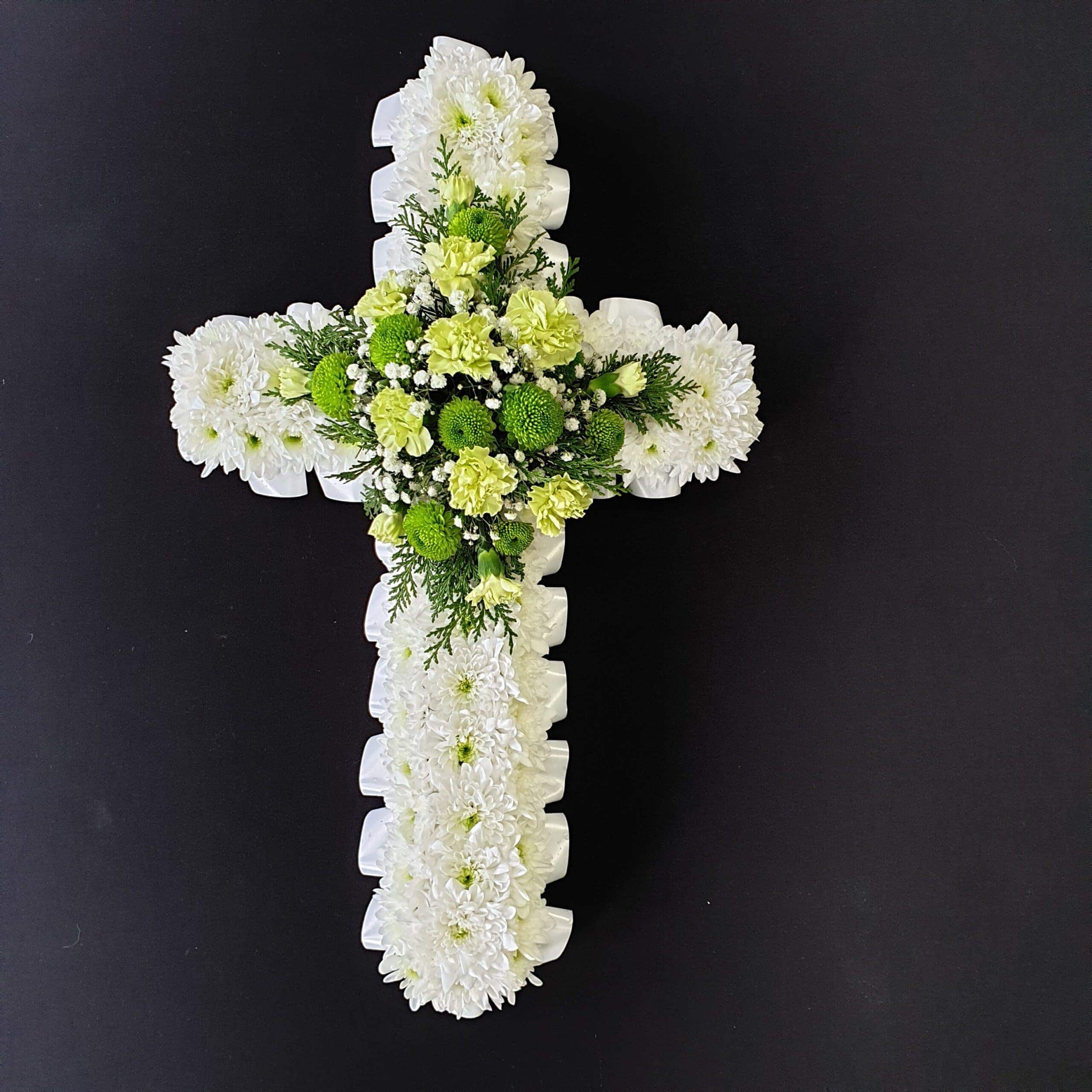 White chrysanthemum and greenery funeral cross tribute