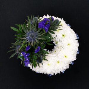 White and blue floral miniature wreath
