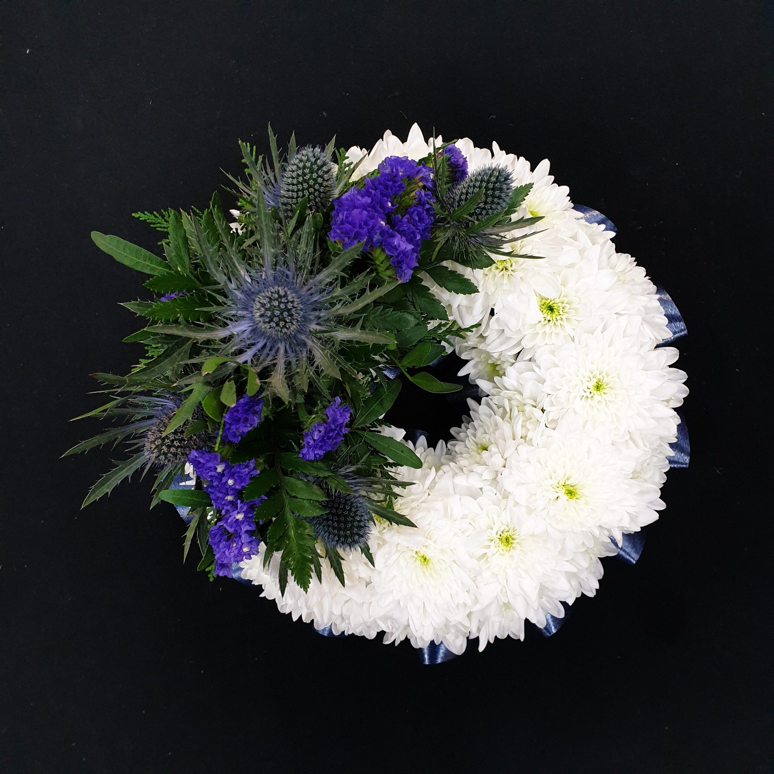 White and blue floral miniature wreath