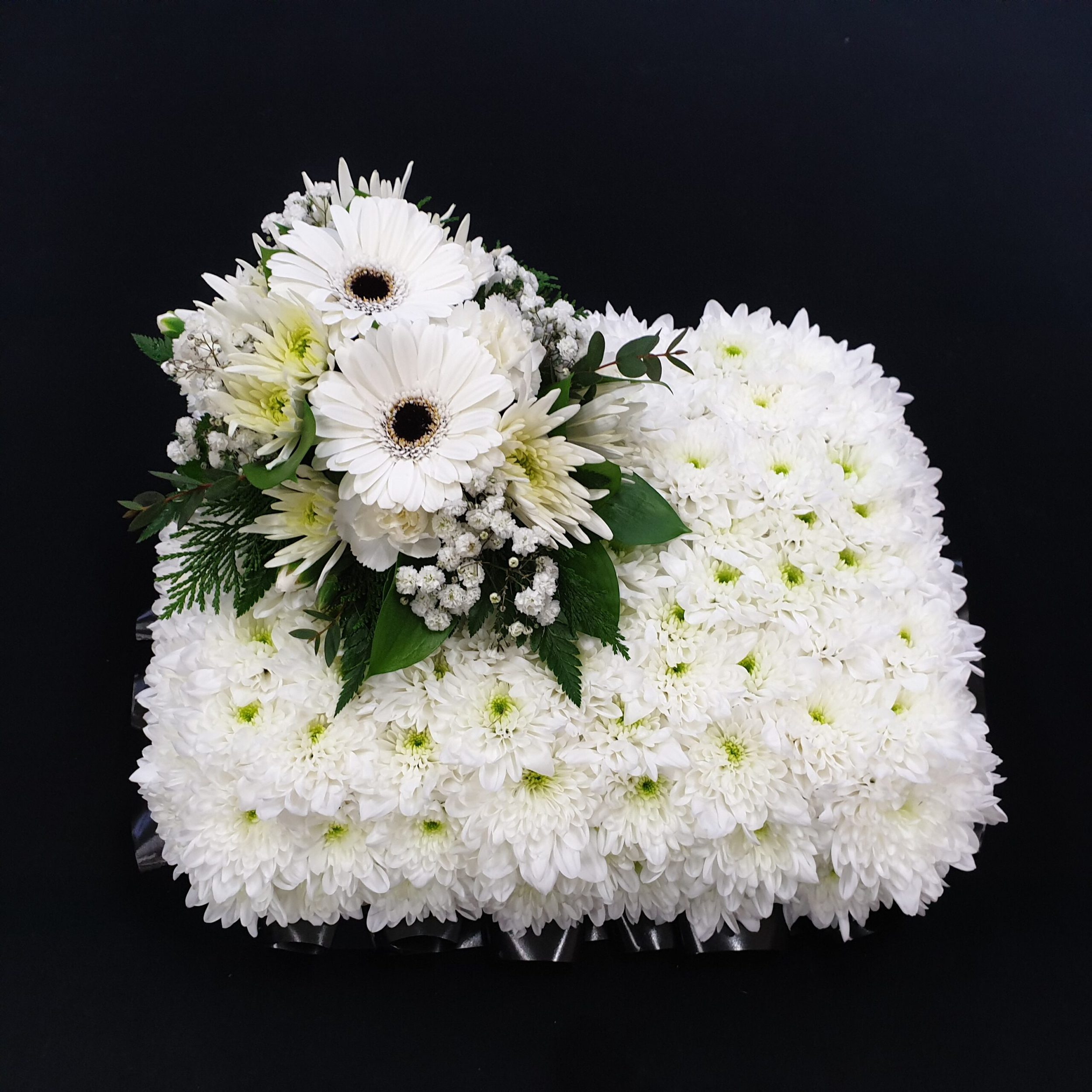 Miniature white chrysanthemum funeral pillow with white gerbera and gypsophila on a black background
