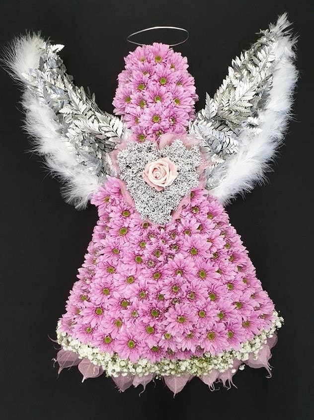 Pink floral funeral angel tribute with silver accents
