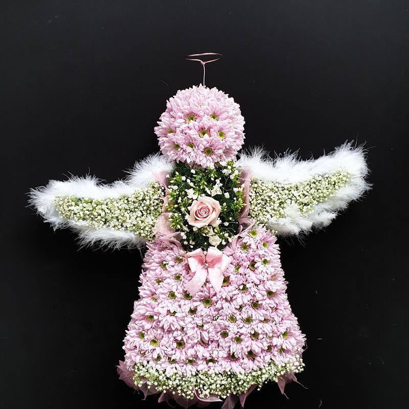 Pink angel funeral tribute made from chrysanthemums with gypsophila and feather wings, central rose and halo from Anastasia Florists Aberdeen.