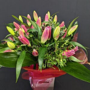 Pink Sapphire Flower Bouquet with pink oriental lily buds and greenery in a pink gift box – Anastasia Florists Aberdeen
