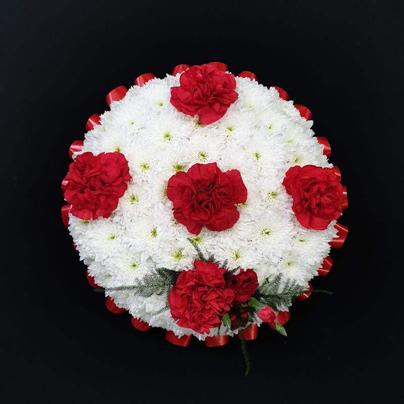 Red and white funeral posy with white chrysanthemum base and red carnations