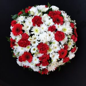 Red and white funeral posy with red gerberas, red carnations and white chrysanthemums