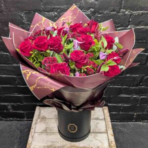 Ruby Romance hand-tied bouquet of red roses and seasonal flowers in marbled wrap and black hat box – Anastasia Florists Aberdeen