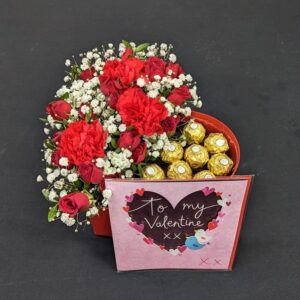 Valentine’s heart gift box with red roses, carnations, gypsophila, chocolates and a “To my Valentine” card from Anastasia Florists Aberdeen