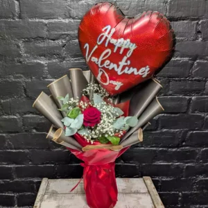 Valentine’s single red rose bouquet with heart-shaped “Happy Valentine’s Day” balloon from Anastasia Florists Aberdeen