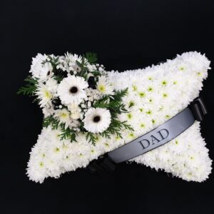 Dad white gerbera funeral pillow tribute with white chrysanthemum base and black ribbon
